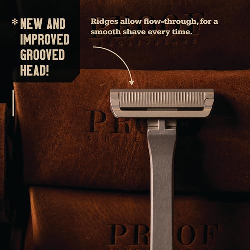 Proof Benchmark Single Blade Razor CNC Machined Aluminum Metal - Made in USA - Pivoting Head for a Smooth & Comfortable Shave - Easy Blade Replacement - Durable Design with Grooved Cap & Leather Case