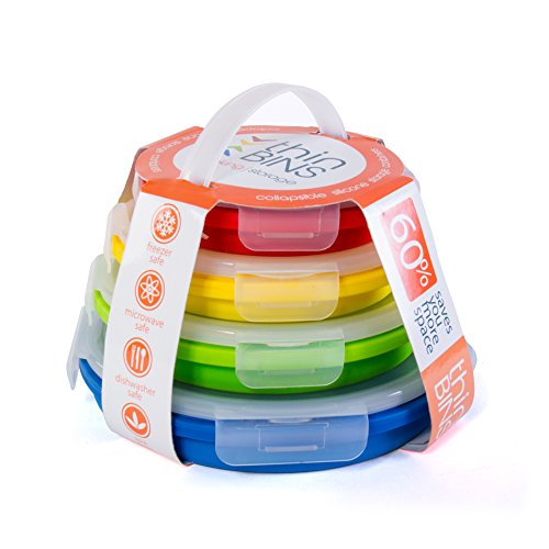 Thin Bins Collapsible Containers Set of 4 Round Silicone Food Storage Containers BPA Free, Microwave, Dishwasher and Freez...
