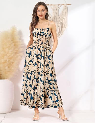 GRACE KARIN Summer Dresses for Women 2026 Vacation, Smocked Floral Maxi Dresses, Boho Beach Long Sundresses with Pockets