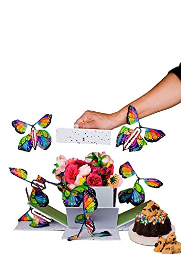 Celebration Explosion Box by Send A Cake, Ready to Gift, No Assembly Required with Flying Butterflies, Flower Shower & 3" Chocolate Chip Mini Bundt Cake – Unique Birthday Gift for Women, Men, Adults, Kids