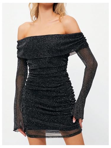 GORGLITTER Women's Off The Shoulder Long Sleeve Summer Ruched Mesh Dress Flare Mini Bodycon Dresses