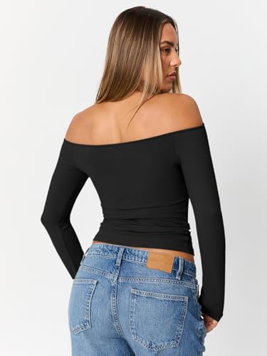 Trendy Queen Womens Long Sleeve Off The Shoulder Tops Going Out Cute Basic Y2K Fall Fashion 2026 Outfits Clothes