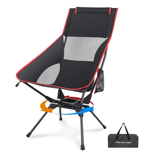 OUTTPLY Swivel Camping Chair, High Back Folding Chair with Head Support, Side Cup Pocket, Stable Portable Outdoor Chair fo...
