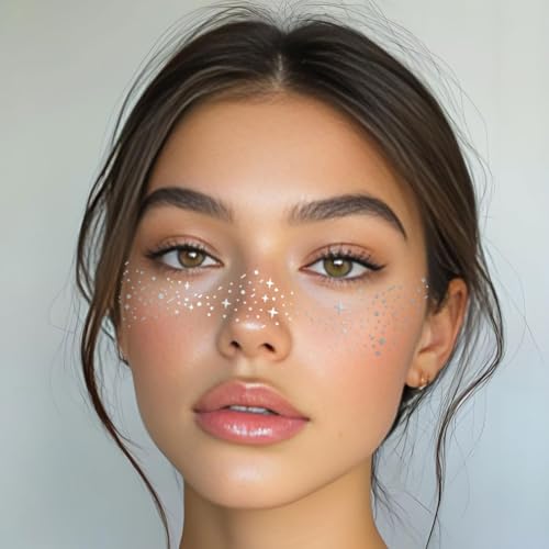 Silver Glitter Freckles Face Tattoo - Face Sparkle Freckles Sticker - Silver Faces Glitter Makeup Speckles for Glitters Ma...