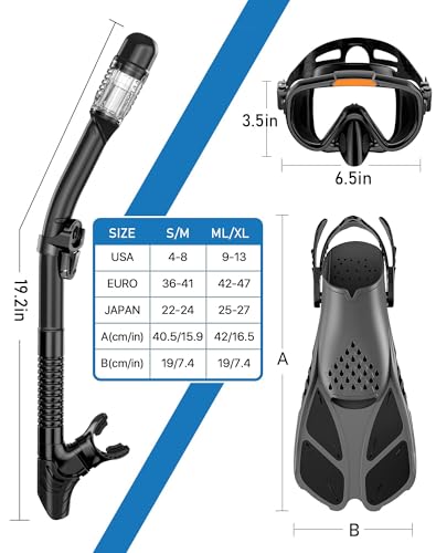 Ubekezele Snorkeling Gear for Adults Men Women,4 in 1 Snorkel Set with Panoramic View Diving Mask Anti-Fog Anti-Leak,Dry T...