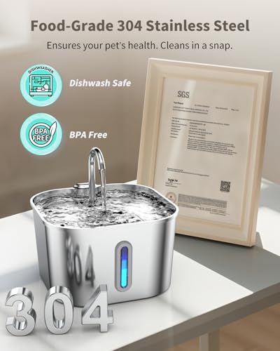 Cat Water Fountain Stainless Steel, 74oz/2.2L Cat Fountain with Quiet Pump, Automatic Pet Water Dispenser, Ideal for Mult...