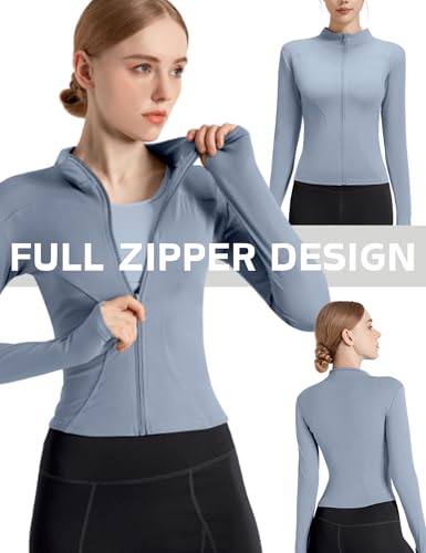 Zibnwek Athletic Jackets For Women Full Zip, Lightweight Long Sleeve Workout Jackets With Thumb Holes