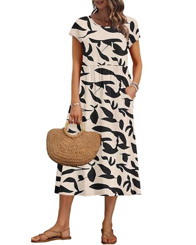 AUSELILY Women's Summer Short Sleeve Midi Dresses Round Neck Loose Dress with Pockets 2026 New