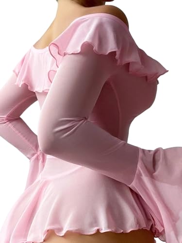 Neohouny Sexy Lingerie for Women Rave Outfits Clubwear See Through Lingerie Sets Bell Sleeve Ruffle Mesh Tops