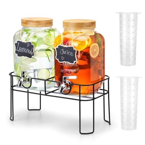 2 Pack 1 Gallon Glass Drink Dispenser with Bamboo Lid, Beverage Dispenser with Stand, Drink Machine for Lemonade, Iced Dri...