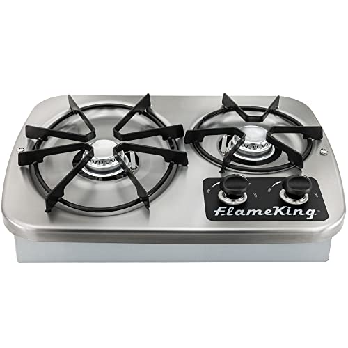 RecPro RV 2 Burner Gas Built-In Cooktop Stove with Cover Hood and Wind Guard | 7200 and 5200 BTU Burners