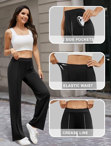 DLOODA Womens Dress Work Pants Business Casual Slacks Stretchy Wide Leg Trousers with Pockets High Waist Pull On