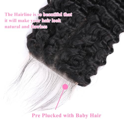 5x5 HD Lace Closure Deep Wave Ultra-thin Transparent HD Lace Closure 12A Brazilian Virgin Human Hair Closure Free Part Pre Plucked with Baby Hair Natural Black 22 Inch