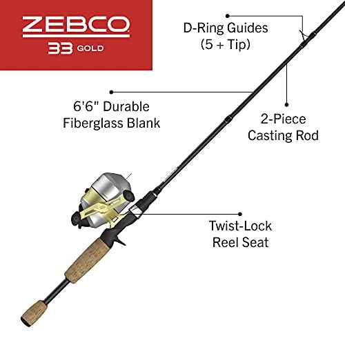 Zebco 33 Gold Spincast Reel and 2-Piece Fishing Rod Combo, Fiberglass Rod with Comfortable Split-Grip Cork Handle, Instant Anti-Reverse Fishing Reel