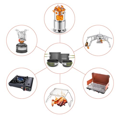 Odoland 16pcs Camping Cookware Mess Kit, Lightweight Pot Pan Mini Stove with 2 Cups, Fork Spoon Kits for Backpacking, Outd...