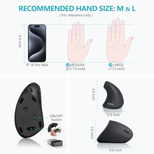Ergonomic Mouse, LEKVEY Vertical Wireless Mouse - Rechargeable 2.4G Optical Vertical Mice : 3 Adjustable DPI 800/1200/1600...