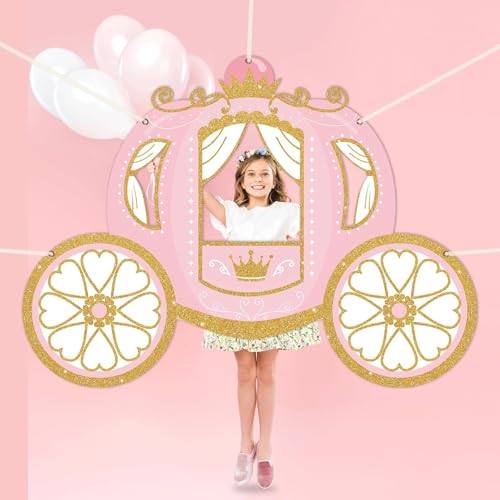 Princess Birthday Party Decorations Princess Carriage Photo Booth Props 63 x 46 in Fabric Backdrop Pink and Gold Door Bann...