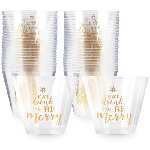 Sparkle and Bash Clear Plastic Cups - Festive Print for Eat, Drink & Be Merry Party Supplies - Durable Plastic Cocktail Gl...