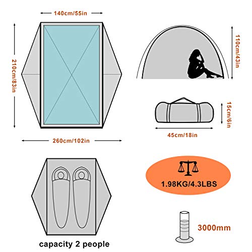BISINNA 2 Person Camping Tent Lightweight Backpacking Tent Waterproof Windproof Two Doors Easy Setup Free Standing Double ...