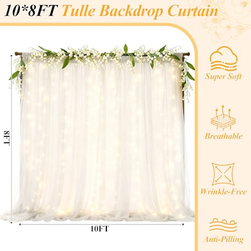 Ledido 2 Pack 10×8ft White Tulle Backdrop Curtains with Lights String - 600LED Fairy Lights Sheer Curtain Backdrop for Wed...