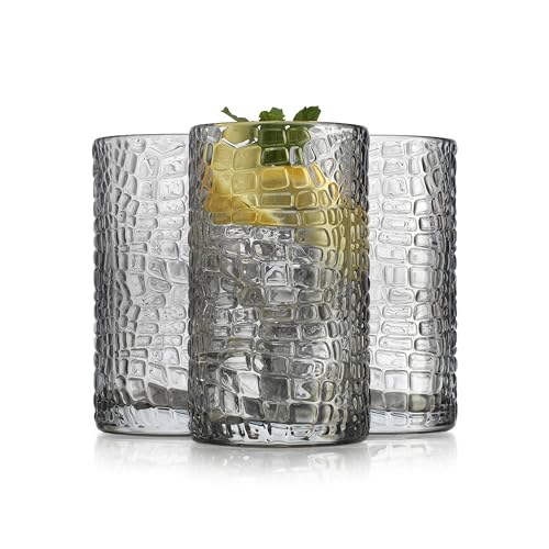 Glaver's Highball Glasses Set of 4 Smoke Drinking Glasses, 15 Ounce Crackle Textured Newly Designed Patent Glassware Heavy...