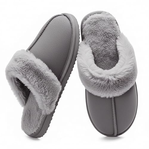 OOW Fuzzy Slippers for Women Cozy Faux Fur House Shoes Winter Warm Memory Foam Slippers for Indoor and Outdoor