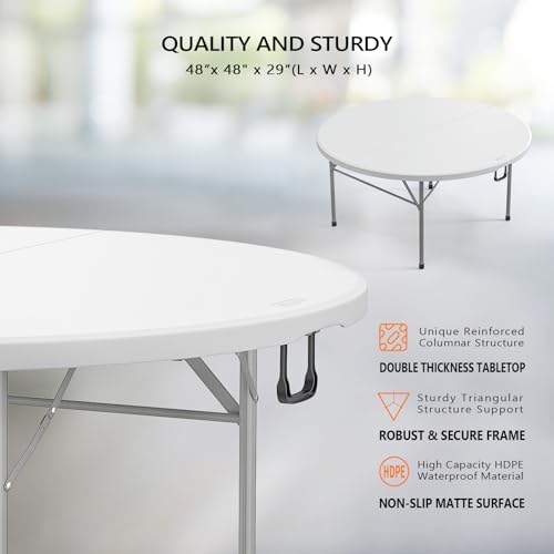 VINGLI White 48" Round Bi-Folding Commercial Table, 4 Feet Portable Plastic Dining Card Table for Kitchen or Outdoor Party...