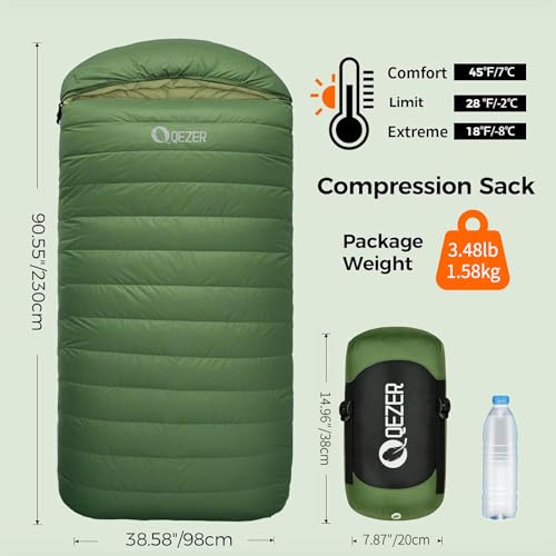 QEZER XL Sleeping Bag-600 Fill Power Down Sleeping Bag for Adults, Ultralight Ideal for Backpacking, Camping, Hiking