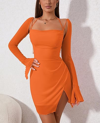 HTZMO Sexy Women's Halter Flounce Sleeves Ruched Mini Dress Sheer Mesh Side Split Cute Party Short Dresses