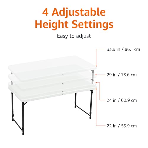 Amazon Basics 4 Foot Rectangular Folding Dining Table, 4 Adjustable Height Settings with Carrying Handle, Indoor & Outdoo...