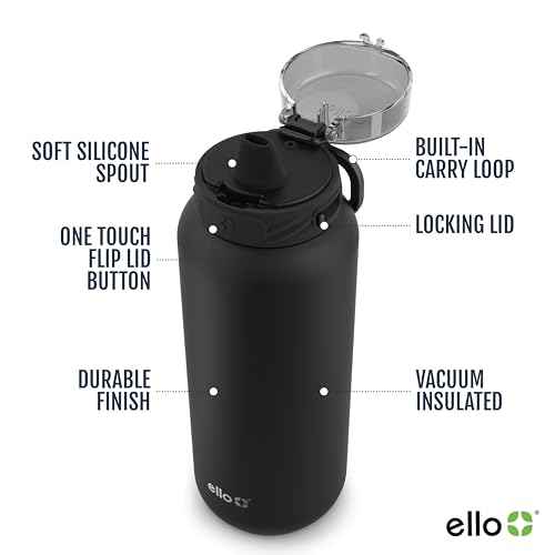 Ello Cooper 40oz Stainless Steel Water Bottle with Straw and Carry Handle, Double Walled and Vacuum Insulated Metal, Leak Proof Locking Lid with Soft Silicone Spout, Reusable, BPA Free, Black