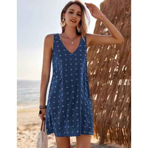 AI'MAGE Women Beach Coverups Swiss Polka Dot Bathing Suit Cover Up Sleeveless V Neck Dress with 2 Pockets