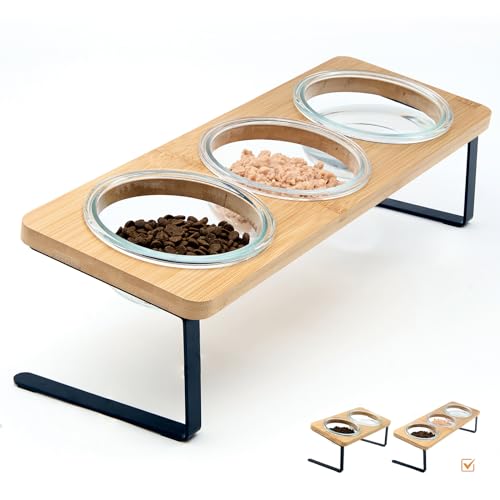 Lawfery Elevated Cat Bowls, 15° Tilted Cat Food Bowl, Includes 3 Glass Bowls, Bamboo Board, and Metal Stand for Cats and P...