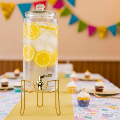 Glass Drink Dispensers For Parties, 1.5 Gallon Beverage Dispenser With Glass Airtight Lids, Gold Metal Stand And Stainless...