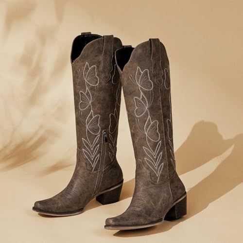 wetkiss Cowboy Boots for Women Knee High Cowgirl Boots - Butterfly Embroidered Zipper Chunky Heel Boot, Casual, Festivals,...