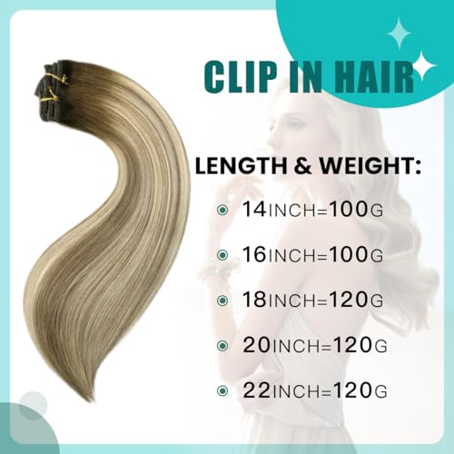 SURNEL Clip in Extensions Real Human Hair Balayage Clip in Hair Extensions 16 Inch 6pcs 100g Walnut Brown to Ash Brown and Golden Blonde Human Hair Extensions Clip ins (#3/8/22,16'')
