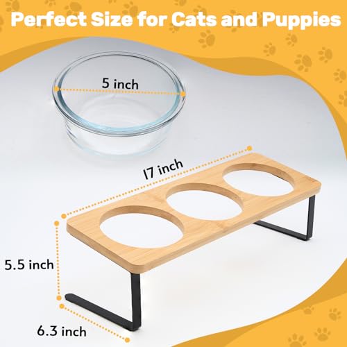 Lawfery Elevated Cat Bowls, 15° Tilted Cat Food Bowl, Includes 3 Glass Bowls, Bamboo Board, and Metal Stand for Cats and P...