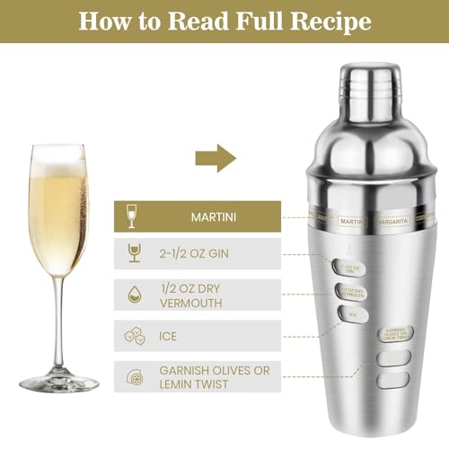 Cocktail Shaker Martini Shaker Set with Recipe, 24 oz Martini Shaker Drink Shaker Drink Mixer Stainless Steel Cocktail Sha...
