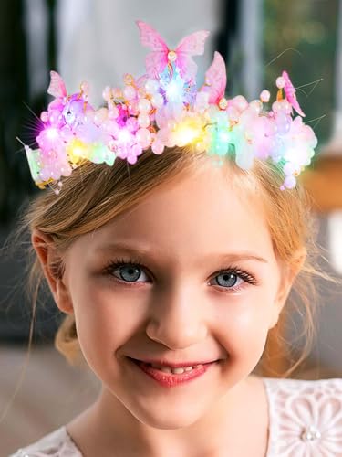 Catery Light Up Butterfly Tiara Flower Crown Fairy Princess Headband for Girls