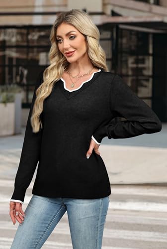 OFEEFAN Womens V Neck Sweaters Pullover Cozy Lightweight Sweaters Long Sleeve Tops Fall Outfits 2025