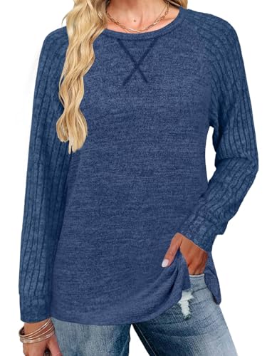 JomeDesign Long Sleeve Shirts for Women Crew Neck Sweatshirts Lightweight Sweaters Side Split Loose Casual Blouses