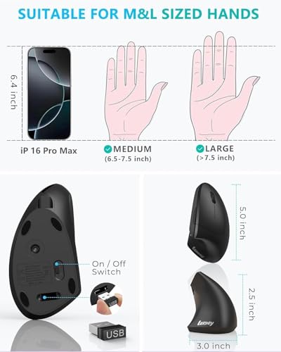 Lekvey Ergonomic Mouse, Vertical Wireless Mouse: Rechargeable Optical Carpal Tunnel Mice with 2.4G USB Receiver, 1000/120...