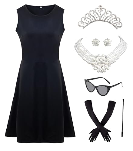 Kimoruro 7 pcs 1920s Women's black dress with Pearl Necklace Earrings Gloves Sunglasses for Halloween Costume Cosplay Outfit (Black, Medium)