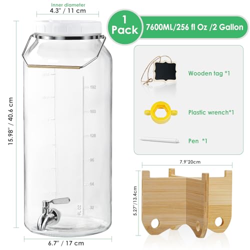 2 Gallon Drink Dispenser for Parties（7600ML）, 1 Pack Leak Proof Beverage Dispenser with Stand AND Handle, Glass Water Disp...