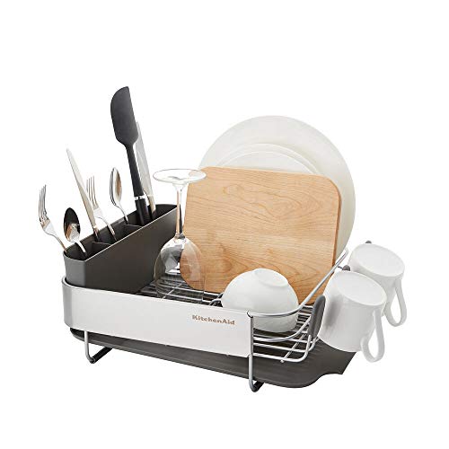 KitchenAid Compact, Space Saving Rust Resistant Dish Rack, with Angled Self Draining Drain Board and Removable Flatware Ca...