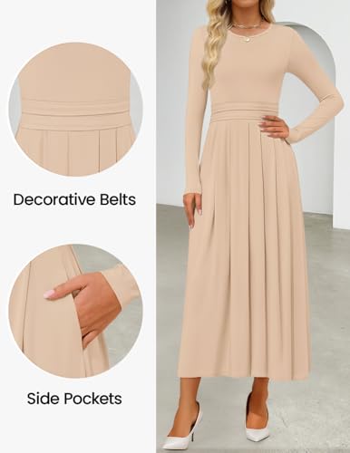 ZESICA Women's Elegant Long Sleeve Maxi Dress 2026 Fall Crewneck Knit High Wasit Pleated Flowy A Line Casual Party Dresses