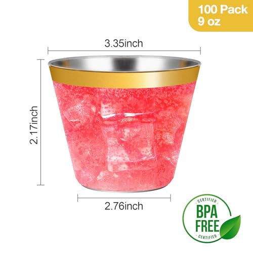Goodluck 100PCS 9oz Gold Plastic Cups for Party, Disposable Gold Rim Cups, Plastic Cocktail Glasses for Wedding Thanksgivi...