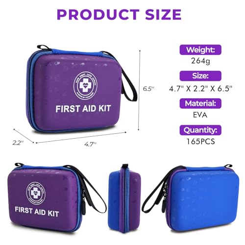 Small First Aid Kit - 165 Piece Dual-Color Emergency Medical Kit with Hard Shell & Fluorescent Exterior Coating, Emergency...