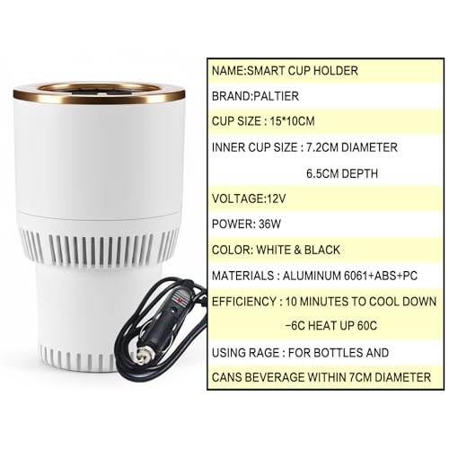 Auto Car Cup Holder Heating Cooling Drinks Smart Cooler Warmer Heater for Coffee Beverage Milk (White with Gold)