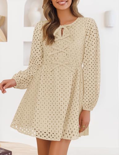 ZESICA Women's Long Sleeve Mini Dress 2026 Fall Crewneck Tie Front Hollow Out Eyelet Babydoll A Line Short Dresses